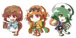  apron arm_cannon bone bow brilliant_pagoda_or_haze_castle detached_sleeves green_eyes green_hair hair_ornament hairband hakama hakama_skirt haniwa_(statue) helmet japanese_clothes katano_sukune kijipoko kitsugai_sese len'en looking_at_viewer open_mouth orange_hair red_eyes red_hair short_hair skirt skull_hair_ornament smile weapon zuifeng_tenkai 