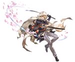  blonde_hair cherry_blossoms cloak full_body granblue_fantasy green_eyes katsugeki/touken_ranbu looking_at_viewer male_focus minaba_hideo official_art petals solo sword touken_ranbu transparent_background uchigatana weapon yamanbagiri_kunihiro 