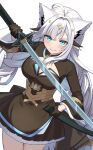  1girl ahoge animal_ears aqua_eyes blush braid breasts cleavage_cutout clothing_cutout commentary_request dutch_angle fox_ears fox_girl highres hololive long_hair long_sleeves looking_at_viewer mahou_shoujo_holowitch! medium_breasts official_alternate_costume sheath shirakami_fubuki simple_background smile solo sword twin_braids unkai_amane unsheathed virtual_youtuber weapon white_background white_hair 