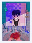  1boy absurdres antenna_hair bathroom black_hair blood blood_on_hands closed_mouth coffee_mug colored_skin cup expressionless faucet highres indoors looking_at_mirror male_focus milkymilkyshark mirror mug omori omori_(omori) reflection reflection_focus sink solo spoilers toothbrush white_skin 