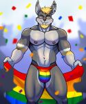  anthro anthro_focus areola artist_name barazoku beard big_bulge blonde_hair blurred_background blush bulge clothed clothing colored confetti darolion ear_piercing ear_ring eyewear facial_hair fingers front_view fur glasses grey_body grey_fur group hair hi_res humanoid_hands industrial_piercing jockstrap jockstrap_only lagomorph leporid lgbt_pride looking_at_viewer male male_focus mammal muscular muscular_anthro muscular_male navel nipples one_eye_closed pecs piercing portrait pride_color_clothing pride_colors rabbit rectangular_glasses ring_piercing shaded short_hair silhouetted_body smile solo_focus standing text three-quarter_portrait topless topless_anthro topless_male underwear underwear_only white_body white_fur yellow_body yellow_eyes yellow_fur 