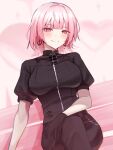 1girl absurdres black_gloves black_pants black_shirt breasts closed_mouth earrings gloves highres hololive hololive_english jewelry large_breasts medium_hair mori_calliope mori_calliope_(ferrywoman) nurizza_ilst pants pink_eyes pink_hair shirt smile solo virtual_youtuber 