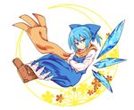  alternate_hairstyle blue_dress blue_eyes blue_hair blue_wings boots cirno cirno-nee commentary_request dress hair_ribbon ice ice_wings looking_at_viewer ponytail ribbon scarf short_hair smile soiru solo touhou white_background wings 
