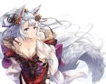  animal_ears bare_shoulders blue_eyes blush breasts coffee1223 collarbone erune fox_ears fox_tail from_above fur_trim granblue_fantasy hair_ornament hand_on_own_head long_hair looking_at_viewer medium_breasts parted_lips silver_hair socie_(granblue_fantasy) solo tail very_long_hair white_background 