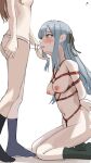  2girls absurdres arms_behind_back ass bang_dream! bang_dream!_it's_mygo!!!!! bar_censor bdsm black_ribbon black_socks blank_censor blue_hair blunt_bangs blush bondage bound breasts brown_hair censored crying dildo green_socks hair_ribbon head_out_of_frame highres holding_another's_hair imminent_fellatio kneeling long_hair medium_breasts multiple_girls nagasaki_soyo nipples open_mouth prixy ribbon sex_toy shibari socks strap-on streaming_tears tears togawa_sakiko yuri 