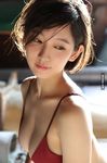  backlighting bare_shoulders blurry bra breasts cleavage collarbone depth_of_field real_life reference_photo reference_work short_hair solo third-party_edit third-party_watermark underwear upper_body watermark yoshioka_riho 