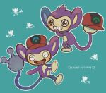  aipom aqua_background ash_ketchum baseball_cap blush closed_eyes clothed_pokemon commentary_request full_body grin hat highres no_humans open_mouth outline pokemon pokemon_(anime) pokemon_the_series:_diamond_and_pearl pokemon_the_series:_ruby_and_sapphire red_hat smile teeth twitter_username umebosibakari2 white_outline 