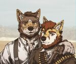 ammo_belt anthro arm_around_shoulders beard canid canine canis coyote desert duo dwcmarshalarts echo_(series) echo_project facial_hair gun handgun hi_res itreyu looking_at_viewer male mammal outside ranged_weapon revolver suspenders the_smoke_room weapon william_adler