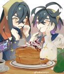  +_+ 1boy 1girl black_hair blue_jacket blue_shirt blush brother_and_sister carmine_(pokemon) clenched_hands collared_shirt commentary_request crossed_bangs cup drinking_straw drooling eating food food_on_face hair_between_eyes hairband hand_on_own_cheek hand_on_own_face highres holding jacket kieran_(pokemon) long_sleeves mouth_drool open_mouth pancake pancake_stack plate pokemon pokemon_(creature) pokemon_scarlet_and_violet rotom rotom_phone saucer shirt siblings simple_background sobamisosyou sparkle table twitter_username upper_body whipped_cream white_jacket yellow_eyes yellow_hairband 