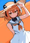  1girl absurdres adachi_rei bare_shoulders black_shirt blush crossed_bangs dress hand_on_headwear hat headlamp highres looking_at_viewer medium_hair miketsushuu neckerchief ocean orange_eyes orange_hair orange_neckerchief orange_water radio_antenna sailor_collar sailor_dress shirt sleeveless sleeveless_dress smile solo straw_hat undershirt utau white_dress white_sailor_collar 