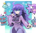  1girl :d @_@ ahoge artist_name black_eyes blue_eyes breasts chimecho dragodragodran dress hair_between_eyes hairband hand_up haunter hex_maniac_(pokemon) highres hitodama impossible_clothes large_breasts long_hair long_sleeves misdreavus multicolored_eyes pokemon pokemon_(creature) purple_dress purple_hair purple_hairband red_eyes shuppet smile standing tongue tongue_out yellow_eyes 