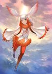  bangs bird_tail bird_wings blunt_bangs blush commentary feather-trimmed_sleeves flying full_body head_wings japanese_crested_ibis_(kemono_friends) kemono_friends long_hair long_sleeves maekawa_yuichi multicolored_hair outstretched_arms pantyhose parted_lips pleated_skirt red_hair red_legwear red_skirt shirt sidelocks skirt solo spread_arms two-tone_hair white_hair white_shirt wide_sleeves wings yellow_eyes 