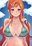  arms_at_sides artist_name bare_arms bare_shoulders bikini blush breasts cleavage closed_mouth collarbone covered_nipples day earrings hina_kitty jewelry large_breasts long_hair looking_at_viewer nami_(one_piece) navel one_piece orange_eyes orange_hair outdoors shoulder_tattoo smile solo stomach sweat swimsuit tattoo upper_body 