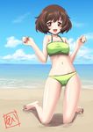  1girl akiyama_yukari beach bikini blush brown_eyes brown_hair girls_und_panzer green_bikini navel open_mouth smile solo swimwear t_k 