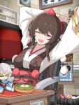  1girl adapted_costume alternate_hairstyle breasts brown_hair chair character_doll chinese_commentary commentary_request commission doll food food_request fumo_(doll) hat highres indoors japanese_clothes kimono kourindou_tengu_costume long_hair long_sleeves medium_breasts morichika_rinnosuke obi official_alternate_costume on_chair one_eye_closed open_mouth pom_pom_(clothes) ponytail radio red_eyes red_hat red_sash resoap ribbon-trimmed_sleeves ribbon_trim sash shameimaru_aya sitting smile solo table teeth tokin_hat touhou trash_can upper_teeth_only very_long_hair white_kimono wide_sleeves 