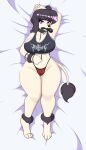 absurd_res alys_faiblesse_(zelripheth) ankle_tuft anthro arm_tuft bed black_eyeshadow black_hair camel_toe canid canine canis clothing collar dakimakura dakimakura_design domestic_dog eyebrow_piercing eyeshadow eyewear facial_piercing fangs female furniture hair hi_res leash leg_tuft lying makeup mammal navel on_back piercing poodle purple_eyes red_clothing red_thong red_underwear shirt short_hair solo standard_poodle tail tail_tuft tank_top teeth thong topwear tuft underwear wrist_tuft zelripheth