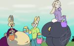  anthro basket belly ben-bun_(afraart) big_belly big_butt bottomwear bow_tie butt clothed clothing container curvy_figure digital_media_(artwork) easter easter_egg egg egg_in_ass english_text exposed_belly eyes_closed eyewear femboy glasses group hair hi_res holidays huge_belly huge_butt hyper jayme_universe lagomorph leporid male male/male mammal navel open_mouth outside overweight rabbit shirt sitting sitting_on_another size_difference smile tail teeth text thick_thighs topwear trio voluptuous voluptuous_male wide_hips 