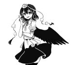  1girl bird_wings collared_shirt commentary_request greyscale hat highres looking_at_viewer medium_hair mitsu~ monochrome open_mouth pom_pom_(clothes) puffy_short_sleeves puffy_sleeves shameimaru_aya shirt short_sleeves skirt smile solo thighhighs tokin_hat touhou wings 