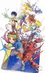  2boys 2girls absurdres blue_eyes blue_hair blue_hoodie brown_hair brown_pants chinese_commentary commentary_request culumon d-ark detached_sleeves diffraction_spikes digimon digimon_(creature) digimon_tamers digivice dinosaur furry furry_female goggles goggles_on_head green_eyes grey_pants guilmon halftone highres hood hood_down hoodie looking_at_viewer makino_ruki matsuda_takato multiple_boys multiple_girls orange_vest pants pink_eyes purple_eyes raglan_sleeves renamon terriermon vest xue_ezi yellow_eyes yin_yang 