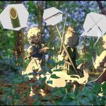  2girls apron bamboo black_hairband blue_skirt blue_vest blurry bow bowtie braid collared_shirt commentary_request dauchimk_1 depth_of_field from_behind green_bow green_bowtie green_skirt green_vest grey_hair hairband highres hitodama holding holding_sword holding_weapon izayoi_sakuya katana konpaku_youmu konpaku_youmu_(ghost) long_hair maid maid_headdress multiple_girls open_mouth photo_background puffy_short_sleeves puffy_sleeves red_eyes shirt short_hair short_sleeves skirt skirt_set smile sparkle spoken_object sword touhou translation_request twin_braids vest waist_apron weapon white_apron white_shirt 