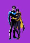  1boy 1girl batgirl batgirl_costume_(2014) batman_(series) batman_symbol belt black_bodysuit black_hair black_mask blue_eyes bodysuit boots breasts cape commentary cowl dc_comics domino_mask english_commentary eye_mask eyelashes facing_another full_body gloves hand_on_another's_stomach high_heel_boots high_heels highres leaning_on_person light_smile long_hair long_legs looking_at_viewer mask medium_breasts mole mole_under_eye multicolored_bodysuit muscular muscular_male nightwing orange_hair purple_background purple_bodysuit purple_cape red_lips short_hair simple_background slim_legs solid_eyes standing standing_on_one_leg superhero_costume two-sided_cape two-sided_fabric utility_belt very_short_hair western_comics_(style) yellow_cape yellow_gloves zzht2535 