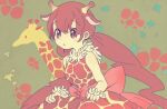  1girl animal animal_ears animal_print artist_request back_bow blush bow brown_hair character_request dress feather_wrist_cuffs feathered_collar giraffe giraffe_costume giraffe_ears giraffe_girl giraffe_print holding_own_dress long_hair ribbon simple_background third-party_source twintails 