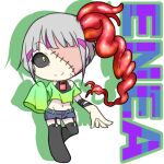  1girl 9rimson asymmetrical_sleeves black_sclera black_thighhighs blue_shorts body_horror character_name chibi chibi_only closed_mouth colored_sclera commentary_request cropped_shirt cyclops drop_shadow full_body garter_straps green_shirt grey_hair looking_at_viewer lowres midriff mismatched_sleeves one-eyed original parasite shirt short_hair short_shorts shorts simple_background smile solo stitched_face stitches thighhighs white_background wide-eyed yellow_eyes zombie 