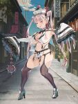  1girl ball_and_chain_(weapon) braid breast_curtains breasts cone_hair_bun day earrings full_body garter_straps hair_bun hat high_heels highres huge_breasts jewelry long_hair long_sleeves navel ofuda outdoors outstretched_arms patchwork_skin revealing_clothes ryoji_(nomura_ryouji) sleeves_past_wrists solo sphere_earrings spike_ball spiked_ball_and_chain spread_arms stitched_arm stitched_face stitched_leg stitched_torso stitches thighhighs twin_braids very_long_hair weapon wide_sleeves yellow_eyes 