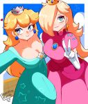  2girls absurdres artist_name blonde_hair blue_dress blue_eyes blush border breasts brooch cleavage closed_mouth commentary cosplay costume_switch crown dress earrings elbow_gloves english_commentary gloves hair_over_one_eye highres hoshinokotta jewelry large_breasts long_hair long_sleeves looking_at_viewer looking_to_the_side mario_(series) multiple_girls off-shoulder_dress off_shoulder outside_border pink_dress princess_peach princess_peach_(cosplay) puffy_short_sleeves puffy_sleeves rosalina rosalina_(cosplay) short_sleeves smile sphere_earrings star-shaped_pupils star_(symbol) star_brooch star_earrings star_print symbol-shaped_pupils v white_border white_gloves 