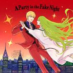 1boy 1other blazer blonde_hair building collared_shirt commentary_request enkidu_(fate) fate/strange_fake fate_(series) feet_out_of_frame fingernails gilgamesh_(fate) gold_necklace green_hair hand_on_another's_back highres holding_hands jacket jewelry kuraju12000 lapels layered_sleeves long_hair long_sleeves looking_at_another necklace notched_lapels open_collar open_mouth outdoors pants red_jacket red_pants shirt short_hair smile sunset teeth upper_teeth_only very_long_hair watermark 