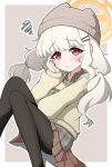  1girl aoba_(blue_archive) aoba_(mom's_touch)_(blue_archive) beanie black_thighhighs blue_archive blush brown_skirt brown_sweater grey_hat hair_ornament hairclip halo hand_on_own_cheek hand_on_own_face hat highres long_hair looking_at_viewer low_twintails official_alternate_costume orange_halo parallel_hairclips plaid_clothes plaid_shirt red_eyes shirt skirt solo sweatdrop sweater thighhighs twintails ycloudy_96 