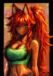 1girl absurdres animal_ears blurry blurry_background breasts bright_pupils brown_eyes claw_mark cleavage closed_mouth crop_top dark-skinned_female dark_skin fox_ears fox_girl game_screenshot_background green_tank_top hair_between_eyes highres instagram_username long_hair medium_breasts midriff muwrichan navel ponytail red_hair scar scratches screenshot_background sidelocks smile solo tank_top terraria twitter_username upper_body very_long_hair white_pupils zoologist_(terraria) 