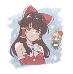  2girls alternate_costume apron back_bow bell black_skirt black_vest blonde_hair bow bowtie braid brown_eyes brown_hair capelet carin_(c_arin1012) christmas closed_mouth commentary dress frilled_bow frilled_hair_tubes frills hair_bow hair_tubes hakurei_reimu hat highres kirisame_marisa long_hair looking_at_viewer multiple_girls neck_bell red_bow red_capelet red_dress red_hat santa_costume santa_dress santa_hat side_braid single_braid skirt smile snowflakes touhou upper_body vest white_apron white_bow white_bowtie 