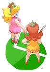  2girls alternate_outfit ass blonde_hair breasts brown_hair crown earrings from_above from_behind grass jewelry legs long_hair multiple_girls nintendo nm_qi ponytail princess_daisy princess_peach short_hair skirt super_mario_bros. tennis_racket 