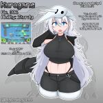  1girl abs aggron ahoge arm_behind_back arm_behind_head armor black_gloves black_shirt black_shorts black_tail blue_eyes braid breasts character_profile cleavage cowboy_shot cropped_legs elbow_gloves english_text fang gloves grey_background grey_hat hair_between_eyes hat helmet highres huge_breasts humanization lightning2195 long_bangs looking_at_viewer messy_hair midriff mole mole_under_eye open_mouth original pauldrons pokedex pokedex_number pokemon pokemon_(creature) scar scar_on_face shirt shorts shorts_rolled_up shoulder_armor signature single_braid skin_fang sleeveless solo standing stomach tareme thick_thighs thighs turtleneck twitter_username unkempt upper_body white_hair zipper 
