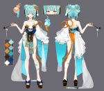  1girl absurdres artist_request back blue_hair blue_ribbon breasts closed_mouth color_guide double_bun eyeshadow hair_bun highres hitodama holding holding_smoking_pipe inami_yoki indie_virtual_youtuber loincloth makeup medium_breasts ofuda orange_eyes orange_eyeshadow platform_sandals reference_sheet ribbon rope sandals shimenawa short_hair shoulder_blades skull smoking_pipe talisman thighs toes 