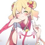  alternate_breast_size_(larger) bell blonde_hair blush braid breasts collared_kimono commentary_request cosplay detached_sleeves double-parted_bangs double_bun fingernails frilled_kimono frills gradient_hair green_eyes grin hair_bell hair_between_eyes hair_bun hair_ornament half_up_braid highres hololive huge_breasts japanese_clothes jingle_bell kimono kuma_no_bansoukou long_hair momosuzu_nene multicolored_hair nontraditional_miko one_eye_closed sakura_miko sakura_miko_(1st_costume) sakura_miko_(cosplay) shiny_skin side_up_bun sideboob sideless_kimono simple_background sleeveless sleeveless_kimono smile tassel two_side_up upper_body virtual_youtuber white_background white_sleeves wide_sleeves 