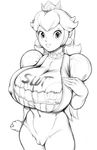  1girl areola_slip areolae blush breasts crown earrings erect_nipples gray_impact greyscale highres huge_breasts large_areolae lips long_hair looking_at_viewer monochrome nail_polish nintendo princess_peach pussy solo super_mario_bros. uncensored 