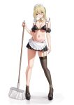  1girl :/ absurdres apron bare_shoulders bikini black_bikini black_skirt blonde_hair breasts casperrin cleavage detached_sleeves expressionless garter_straps girls'_frontline girls'_frontline_2:_exilium green_eyes hair_between_eyes half-closed_eyes hand_up highleg highleg_bikini highres hip_focus holding holding_mop looking_at_viewer maid maid_bikini maid_headdress medium_breasts medium_hair microskirt mop navel pleated_skirt ponytail sextans_(girls'_frontline_2) single_bare_leg single_thighhigh skindentation skirt solo standing stomach swimsuit thighhighs thighs unconventional_maid waist_apron white_apron 