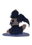  1girl absurdres bandaged_wings bird_wings black_skirt black_wings chest_sarashi commentary_request feathered_wings from_behind hat highres niseneko_(mofumofu_ga_ienai) pom_pom_(clothes) red_hat sarashi shameimaru_aya simple_background sitting skirt solo tokin_hat touhou white_background wings 