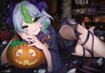  1girl animal_ears apricot_the_lich black_leotard blueberry cake candle candy cat_ears chocolate_cake cup demon_girl demon_horns drinking_glass feet flower food fruit green_eyes green_hair grey_hair hair_ornament hat horn_piercing horns indie_virtual_youtuber kanan_katou leotard lollipop looking_at_viewer multicolored_hair multiple_horns pointy_ears pumpkin purple_flower purple_horns purple_rose red_flower red_rose rose silk smile solo spider_web spiked_thigh_strap thigh_strap thighs virtual_youtuber wine_glass witch_hat x_hair_ornament 