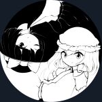  2girls black_capelet black_eyes black_hair black_hat black_skirt border bow capelet closed_mouth collared_shirt cyanaqua english_commentary frilled_sleeves frills hair_between_eyes hat hat_bow long_hair maribel_hearn mob_cap monochrome multiple_girls one_eye_closed round_border shirt shirt_tucked_in short_hair short_sleeves skirt smile touhou usami_renko white_bow white_hat white_shirt yin_yang 