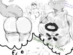 anon_(snoot_game) anthro bald big_breasts big_butt blush bodily_fluids breasts butt butt_focus caldinie1 cavemanon_studios ceratopsian ceratopsid chasmosaurine clothed clothed_anthro clothed_female clothing dinosaur duo english_text eyes_closed facial_horn fantasy female frill_(anatomy) front_view goodbye_volcano_high greyscale hair hi_res horn hug human human_on_anthro interspecies ko_op_(game_developer) legwear male male/female mammal marginocephalian markings meme monochrome multiple_images non-mammal_breasts nothing_at_all ornithischian prehistoric_species rear_view reptile scalie short_hair sketch smile snoot_game striped_markings stripes sweat sweatdrop sweaty_body tail text thigh_highs thought_bubble triceratops trish_(gvh)