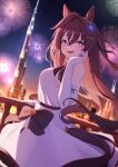  1girl absurdres aerial_fireworks animal_ears astra_chichi black_bow bow breasts bright_pupils brown_hair brown_tail dress dress_bow elbow_gloves fireworks gloves hair_between_eyes hand_up highres horse_ears horse_girl horse_tail long_hair looking_at_viewer multicolored_hair open_mouth purple_eyes smile solo streaked_hair tail tail_through_clothes umamusume vivlos_(umamusume) white_dress white_gloves white_streaks 