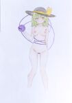  1girl absurdres bar_censor black_hat blush bow breasts cekocn! censored cleft_of_venus closed_mouth colored_pencil_(medium) commentary_request completely_nude cropped_legs eyeball green_hair hat hat_bow highres komeiji_koishi looking_at_viewer medium_breasts nipples nude pussy smile solo third_eye touhou traditional_media yellow_bow 