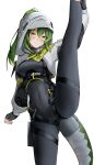  1girl absurdres arknights arknights:_endfield black_bodysuit black_gloves blush bodysuit breasts cameltoe closed_mouth clothes_writing commentary covered_navel endfield_industries_logo english_commentary fingerless_gloves fluorite_(arknights) gloves green_eyes green_hair grey_hood hair_between_eyes highres hood hood_up light_smile long_hair long_sleeves looking_at_viewer medium_breasts simple_background skin_tight snake_girl solo split standing standing_on_one_leg standing_split white_background zuiartwork 