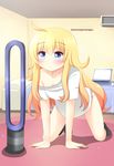  agung_syaeful_anwar air_conditioner all_fours bare_shoulders bed bedroom black_legwear bladeless_fan blonde_hair blue_eyes blush closed_mouth collarbone commentary computer eyebrows_visible_through_hair full_body gabriel_dropout hair_between_eyes indoors kneehighs laptop long_hair looking_at_viewer off_shoulder panties rug shadow shirt short_sleeves solo tenma_gabriel_white underwear very_long_hair white_panties white_shirt 