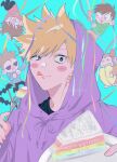  4boys animification antenna_hair aqua_background artistic_error bad_anatomy bad_hands bad_id bad_twitter_id bat_(animal) birthday bishounen black_shirt blonde_hair blush_stickers bonudun brown_hair cake cake_slice chibi commentary_request drawstring edd_(eddsworld) eddsworld english_text food fork happy_birthday highres holding holding_fork holding_party_popper holding_plate hollow_eyes hood hood_down hood_up hoodie licking_lips little_tom_(eddsworld) long_sleeves male_focus matt_(eddsworld) mini_person miniboy multiple_boys orange_hair party_popper plate purple_hoodie rainbow_cake shirt short_hair simple_background smile solo_focus spiked_hair streamers tied_drawstring tom_(eddsworld) tongue tongue_out tord_(eddsworld) upper_body 