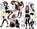  5girls absurdres animal_ears bent_over black_hair black_shoes black_shorts black_socks black_thighhighs breasts brown_hair chibi commentary_request daitaku_helios_(umamusume) ear_covers ear_ornament ear_piercing ears_through_headwear full_body grey_hat hair_bun hand_on_own_knee hat highres horse_ears horse_girl horse_tail long_hair medium_breasts mejiro_mcqueen_(umamusume) mejiro_ramonu_(umamusume) multicolored_shoes multiple_girls multiple_views nakayama_festa_(umamusume) original_race_uniform_(umamusume) piercing race_bib shirt shoes short_hair shorts simple_background sirius_symboli_(umamusume) sitting sneakers socks standing tail thighhighs toji_(y2toj2) translation_request twitter_username two-tone_shoes umamusume white_background white_shirt white_shoes 