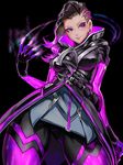  asymmetrical_hair black_hair bodysuit breasts contrapposto dark_skin gloves gradient_hair high_collar highres kumiko_shiba lipstick long_hair looking_at_viewer makeup medium_breasts mole mole_under_eye multicolored_hair overwatch purple_eyes purple_hair purple_lipstick smile solo sombra_(overwatch) standing thighs undercut 